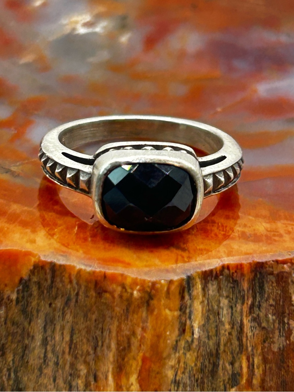 Sterling Silver Rose Cut Onyx Ring - Size 6.5